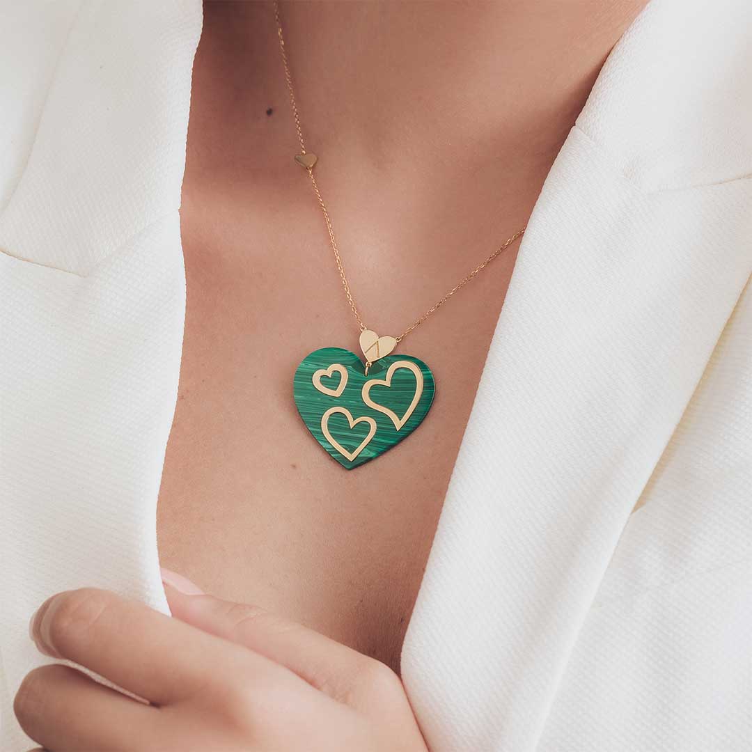 Imperial Heart Malachite Three Hearts Necklace