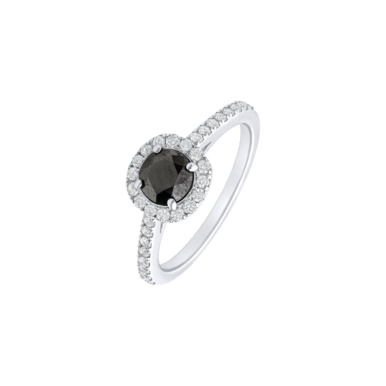 BLACK AND WHITE DIAMOND SOLITAIRE WITH HALO AND SIDE DIAMOND