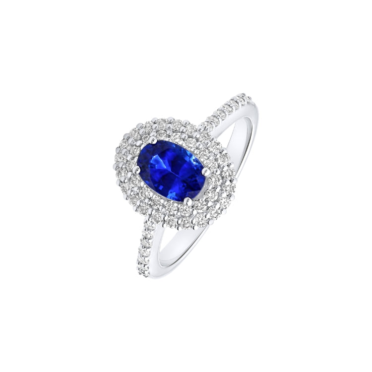 SAPPHIRE DOUBLE HALO AND SIDE DIAMOND RING